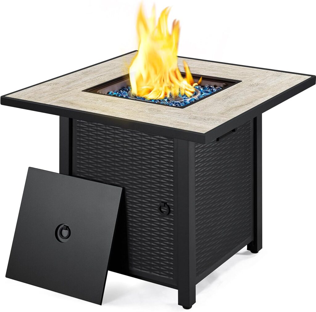 Yaheetech 30 Propane Gas Fire Pit Table 50,000 BTU Square Gas Fire Table with Ceramic Tabletop and Blue Fire Glass for Outdoor /Patio with Rattan Pattern Steel Base/Lid, Black