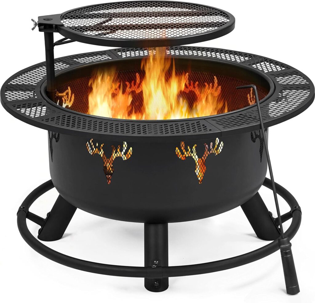 Yaheetech 32in Fire Pit Outdoor Wood Burning Firepits Outdoor Fireplace with 18.5 Inch Swivel Cooking Grill Grate Poker Fire Bowl for Camping, Backyard, BBQ, Garden, Bonfire