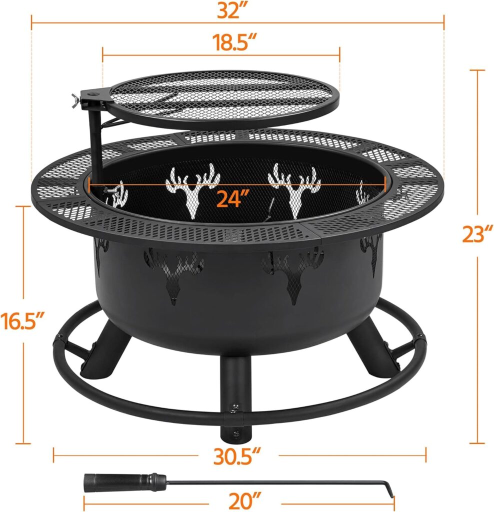 Yaheetech 32in Fire Pit Outdoor Wood Burning Firepits Outdoor Fireplace with 18.5 Inch Swivel Cooking Grill Grate Poker Fire Bowl for Camping, Backyard, BBQ, Garden, Bonfire