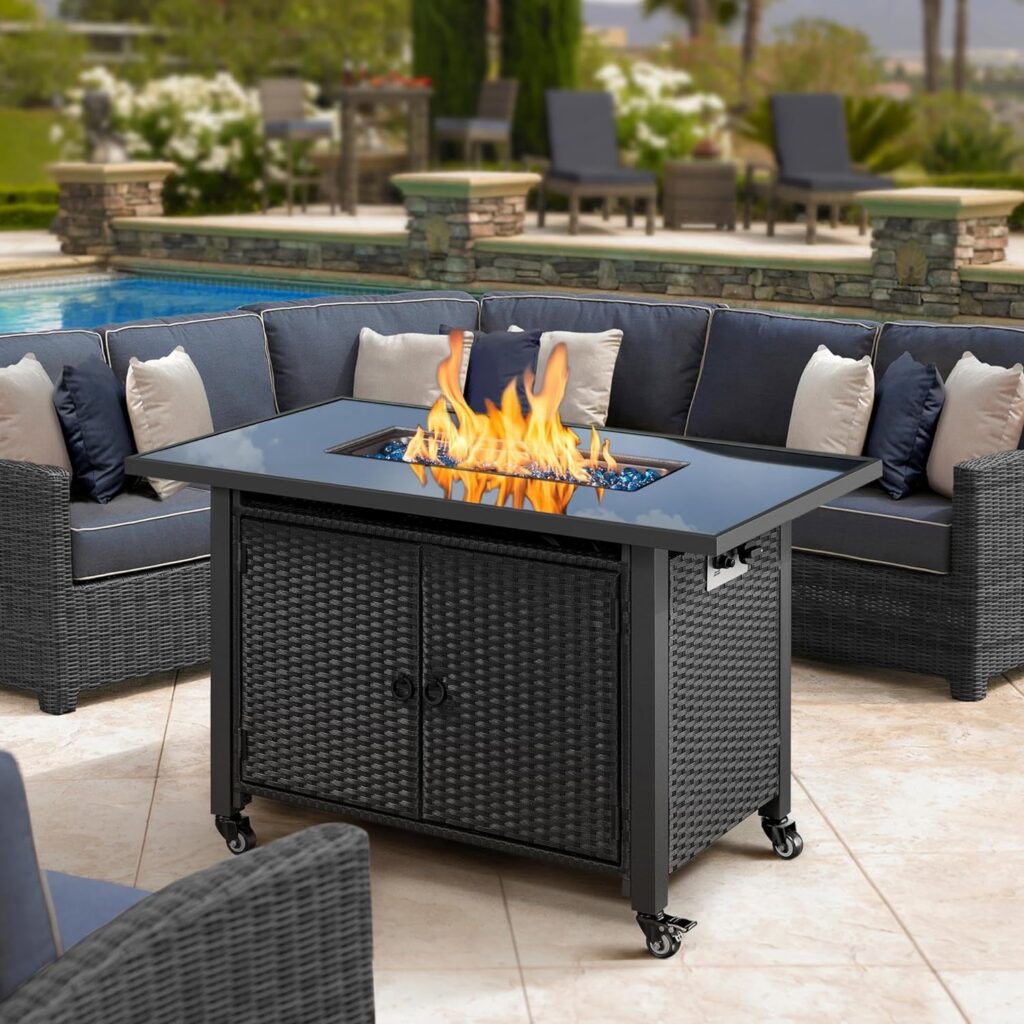 Yaheetech 43 in Outdoor Propane Fire Pit 50,000 BTU Gas Fire Pit Table with Two Storage Shelves, Glass Tabletop, Rattan Wicker Base and Waterproof Cover for Garden/Patio, CSA Certification