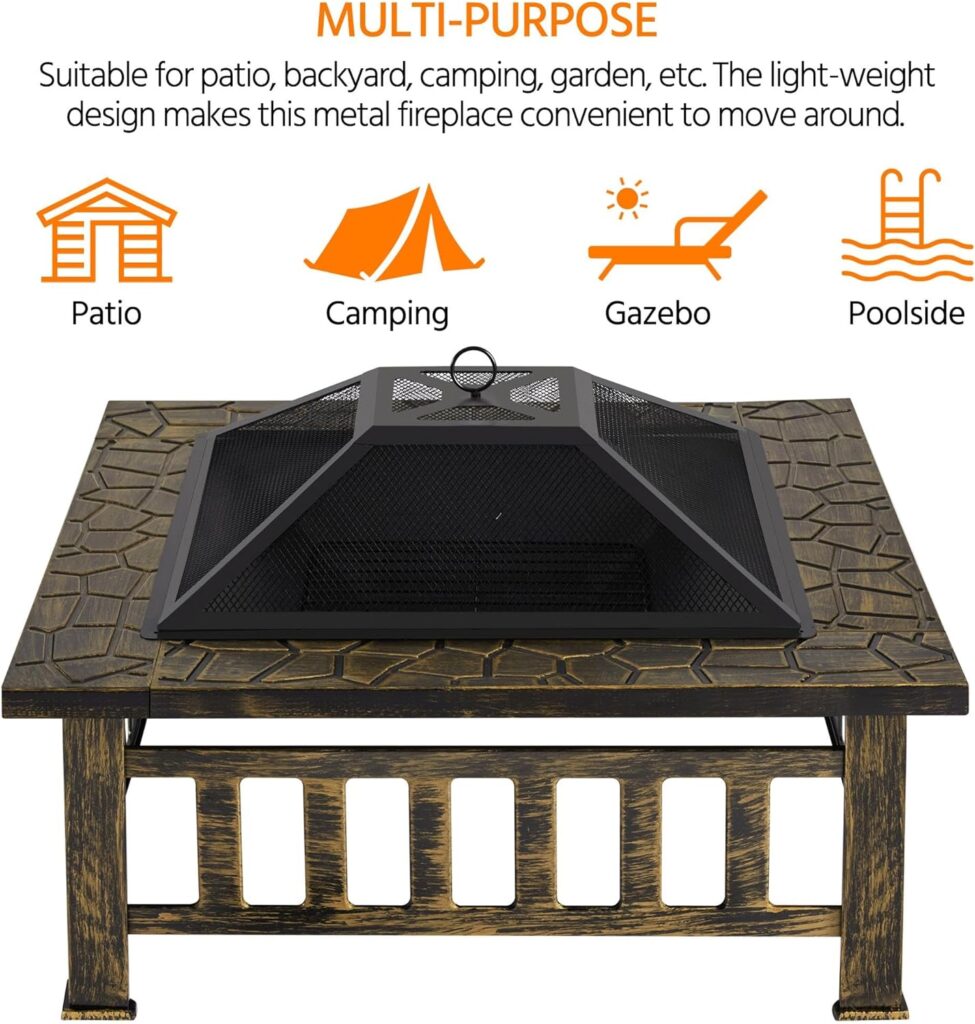 Yaheetech Multifunctional Fire Pit Table 32in Square Metal Firepit Stove Backyard Patio Garden Fireplace for Camping, Outdoor Heating, Bonfire and Picnic