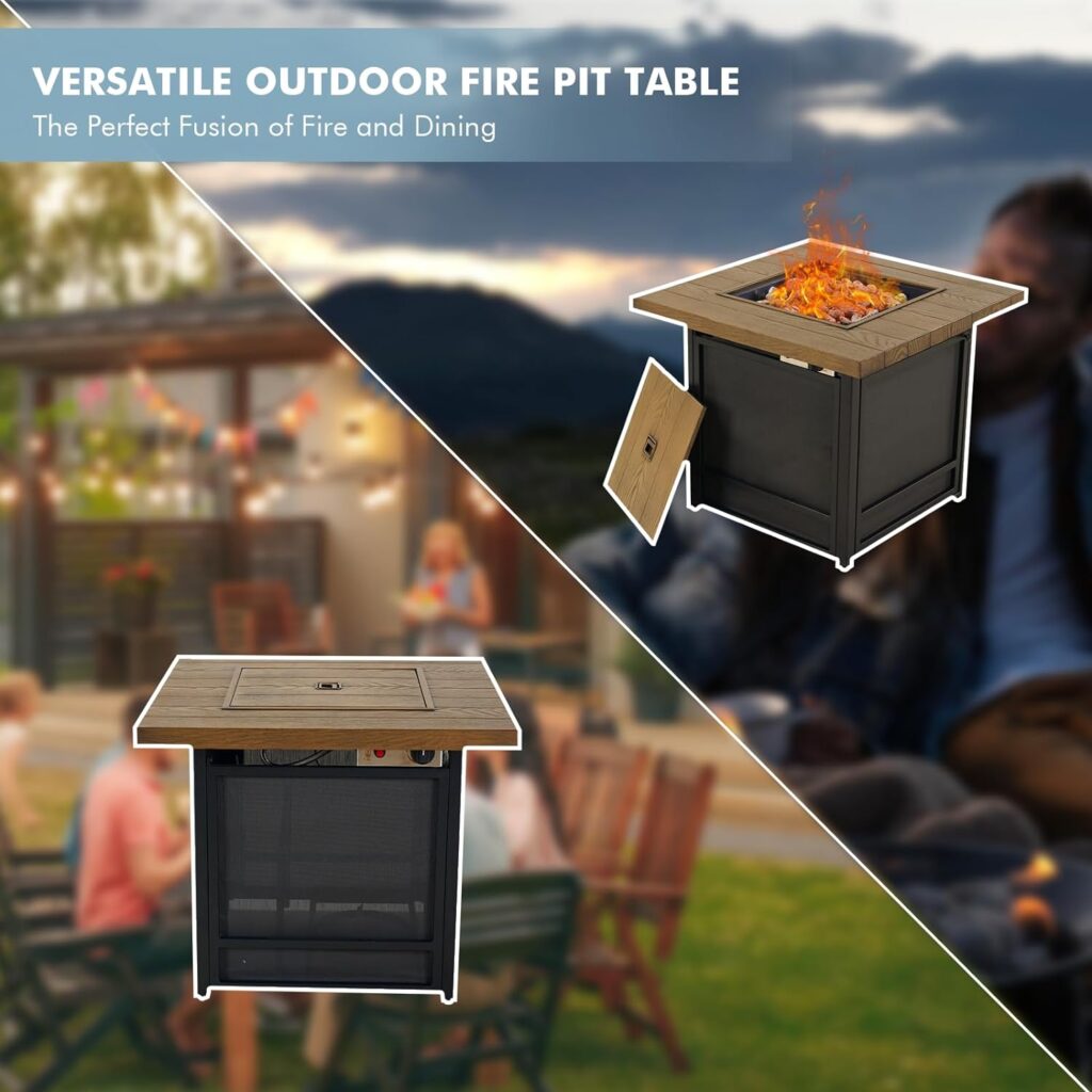 Yangming 30 Propane Gas Fire Pit Table with Lid and Wood Tabletop for Outdoor, 50,000 BTU Propane Fire Table with Lava Rocks, Heavy Duty 2 in 1 Square Firepit Table for Patio/Backyard/Party