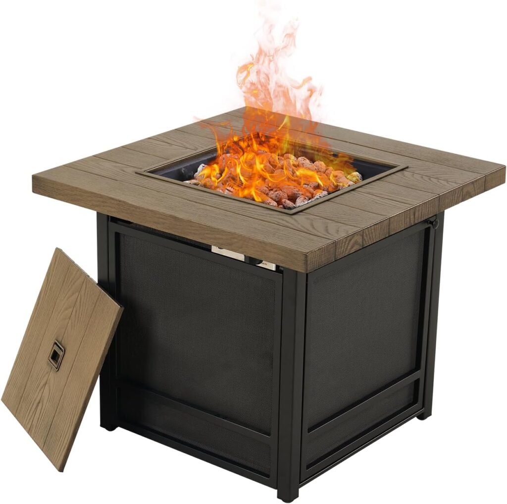 Yangming 30 Propane Gas Fire Pit Table with Lid and Wood Tabletop for Outdoor, 50,000 BTU Propane Fire Table with Lava Rocks, Heavy Duty 2 in 1 Square Firepit Table for Patio/Backyard/Party