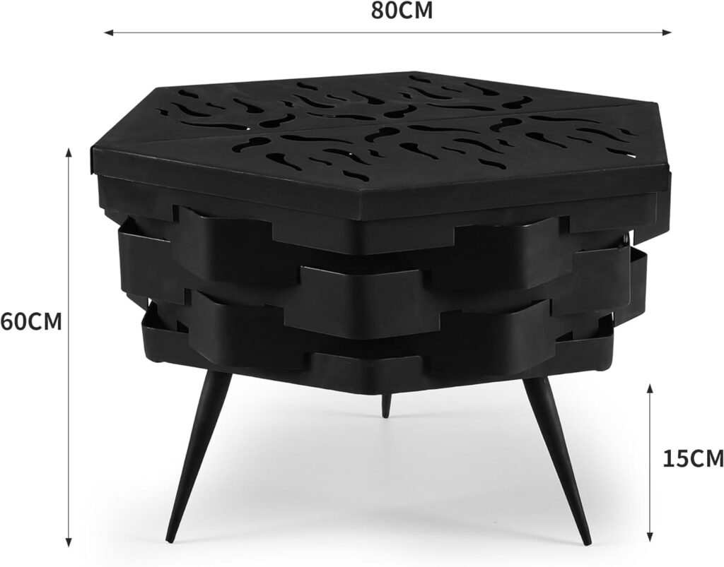 Yendaw 20 inch Fire Pit, Outdoor Wood Burning Fire Pit Octagonal Heavy Duty Firepit for Camping Easy Carry Storage, Backyard, Patio, Black