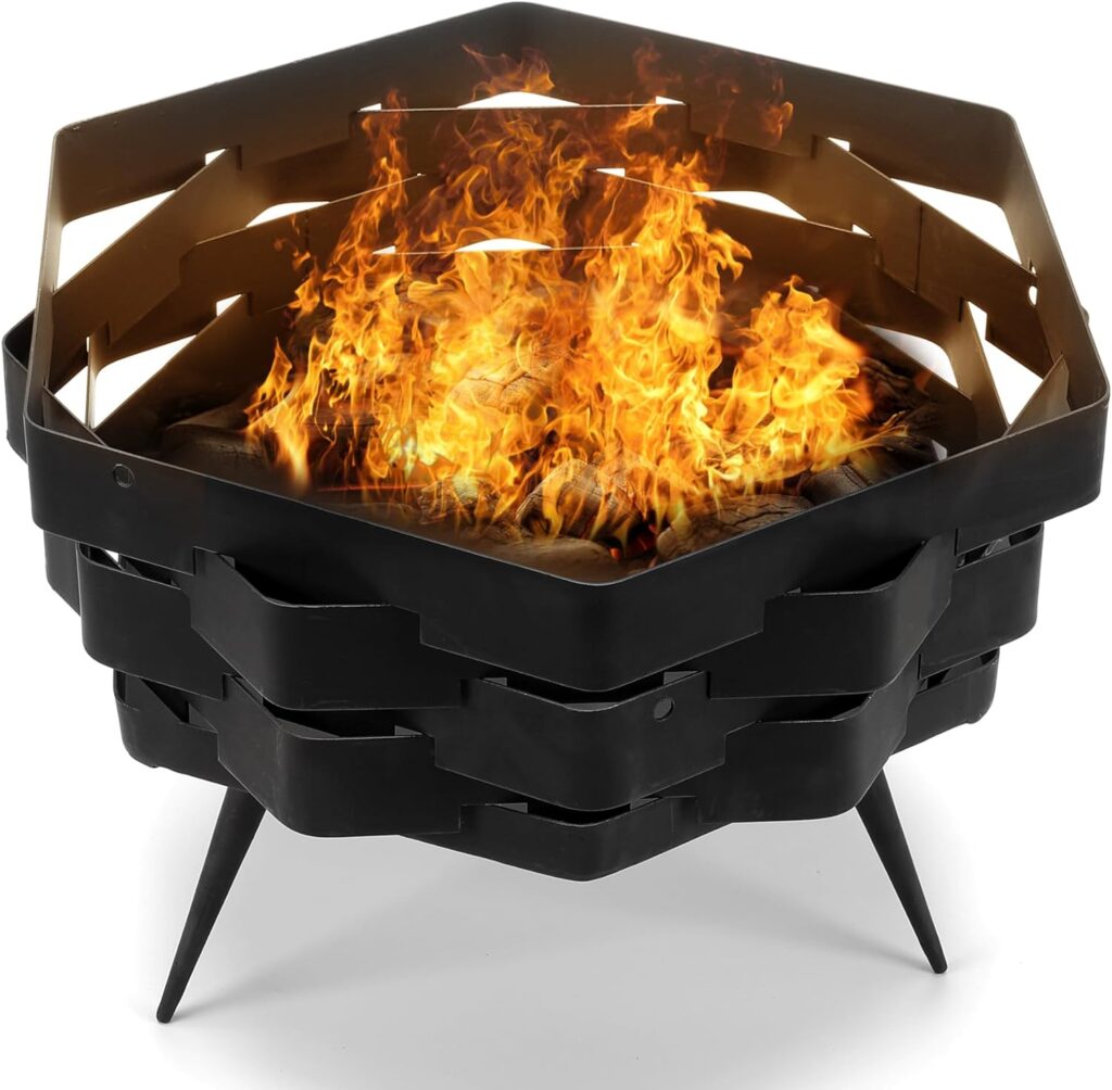 Yendaw 20 inch Fire Pit, Outdoor Wood Burning Fire Pit Octagonal Heavy Duty Firepit for Camping Easy Carry Storage, Backyard, Patio, Black