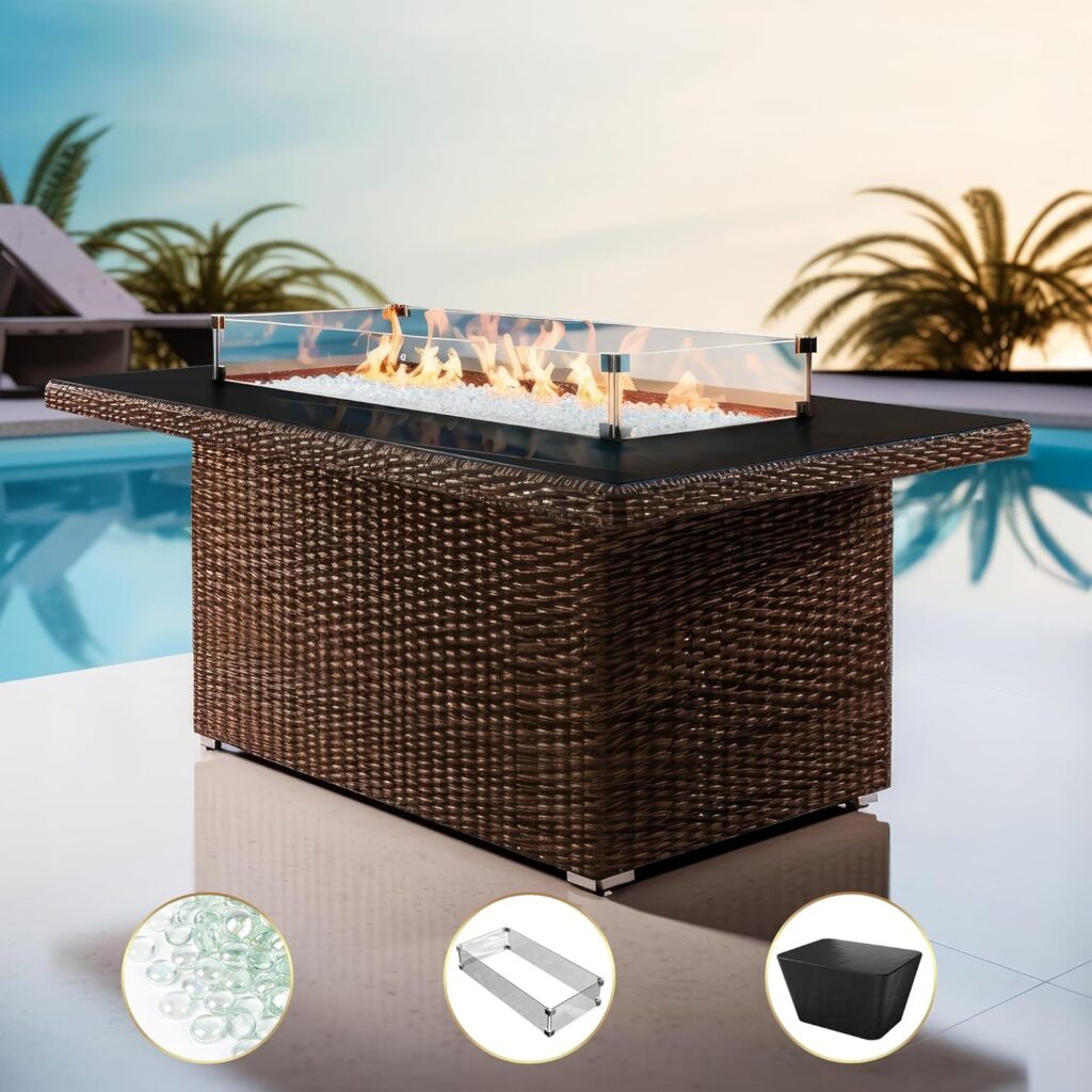 Yoyomax 44-Inch Black Glass Top Firepit Table 60,000 BTU Flame, Hand Weave Rattan, Aluminum Frame, Wind Guard, Waterproof Cover Fire Beads, Outdoor Fire Table for Patio, Garden, Resto Hotel