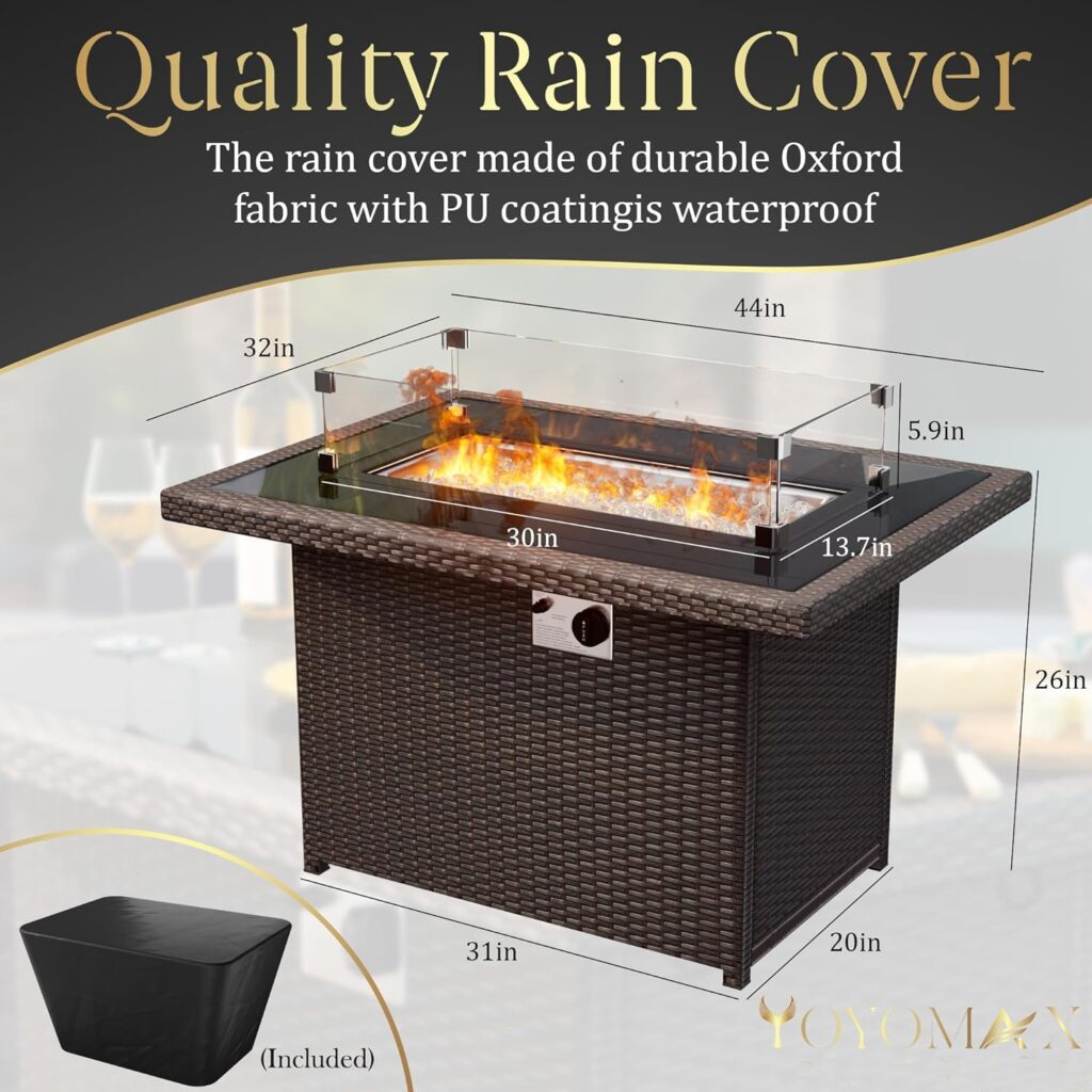 Yoyomax 44-Inch Black Glass Top Firepit Table 60,000 BTU Flame, Hand Weave Rattan, Aluminum Frame, Wind Guard, Waterproof Cover Fire Beads, Outdoor Fire Table for Patio, Garden, Resto Hotel