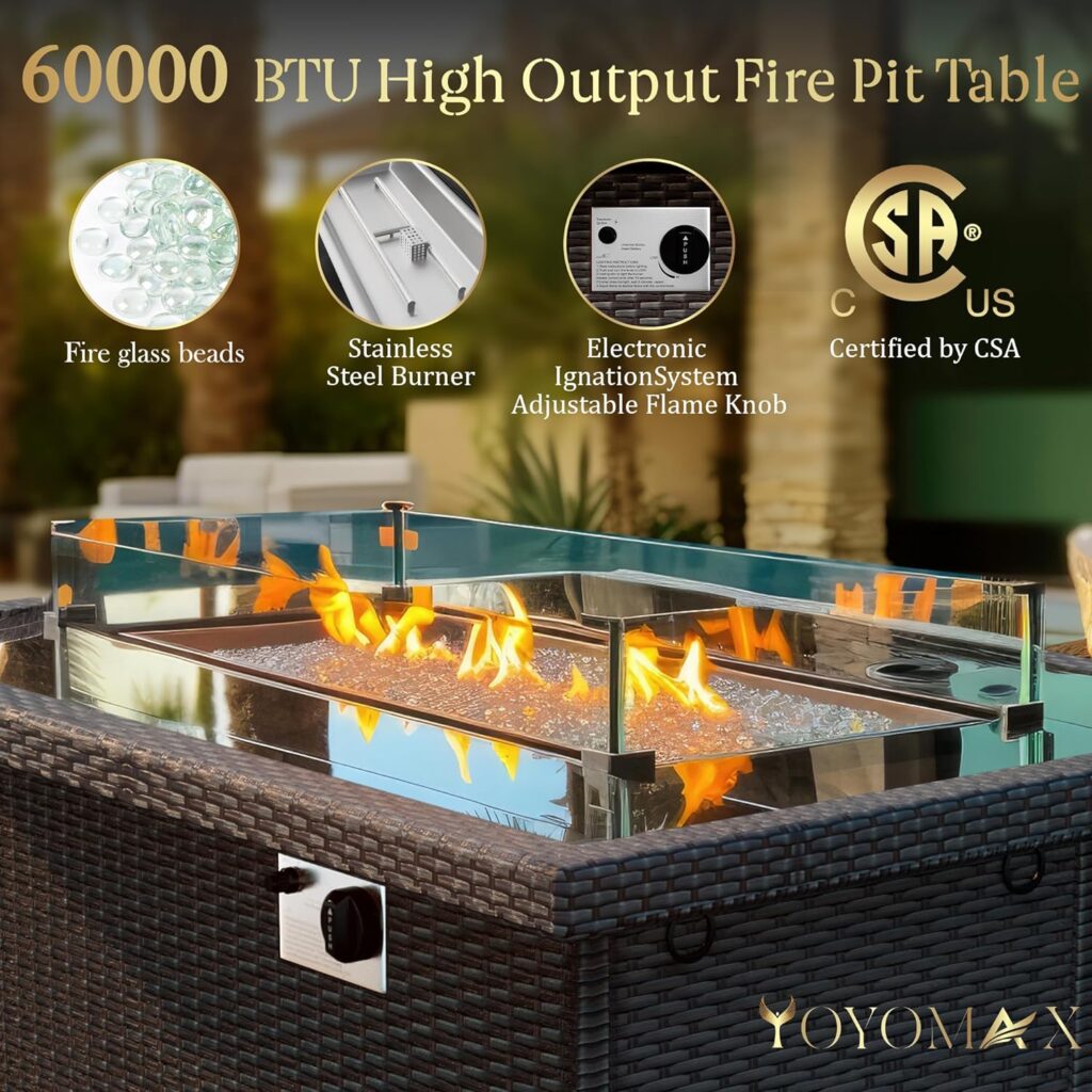 Yoyomax 44-Inch Black Glass Top Firepit Table 60,000 BTU Flame, Hand Weave Rattan, Aluminum Frame, Wind Guard, Waterproof Cover Fire Beads, Outdoor Fire Table for Patio, Garden, Resto Hotel