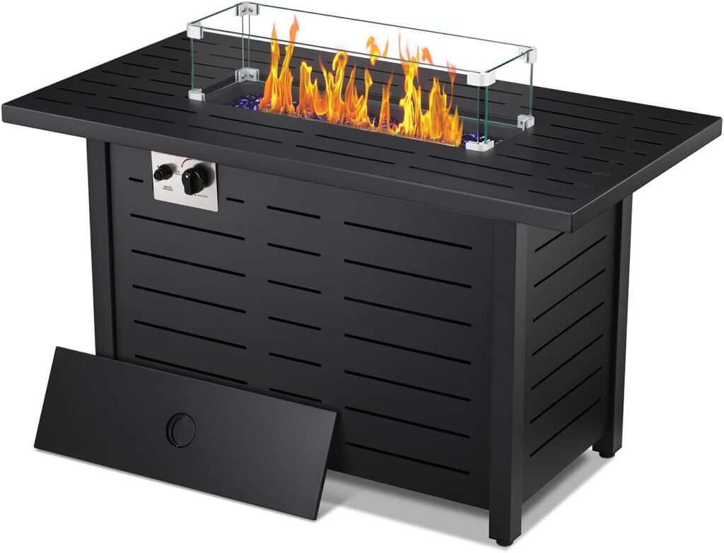 ZAFRO Fire Pit Table, 43 Propane Fire Pit, 50,000 BTU Auto-Ignition Fire Pits for Outside with Lid, Rain Cover, Tempered Glass Wind Guard Glass Rocks, Garden/Backyard/Deck Patio (Rectangular)…