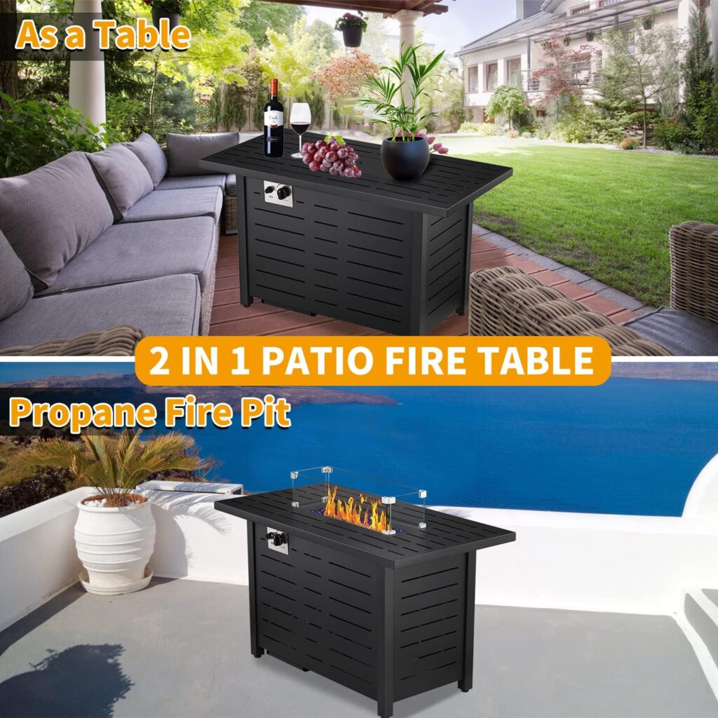 ZAFRO Fire Pit Table, 43 Propane Fire Pit, 50,000 BTU Auto-Ignition Fire Pits for Outside with Lid, Rain Cover, Tempered Glass Wind Guard Glass Rocks, Garden/Backyard/Deck Patio (Rectangular)…