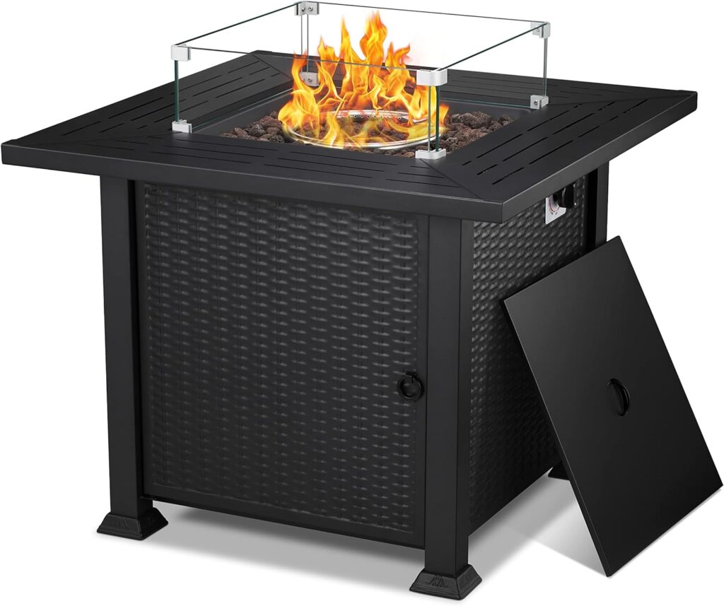 ZAFRO Fire Pit Table, 43 Propane Fire Pit, 50,000 BTU Auto-Ignition Fire Pits for Outside with Lid, Rain Cover, Tempered Glass Wind Guard Glass Rocks, Garden/Backyard/Deck Patio (Rectangular)…