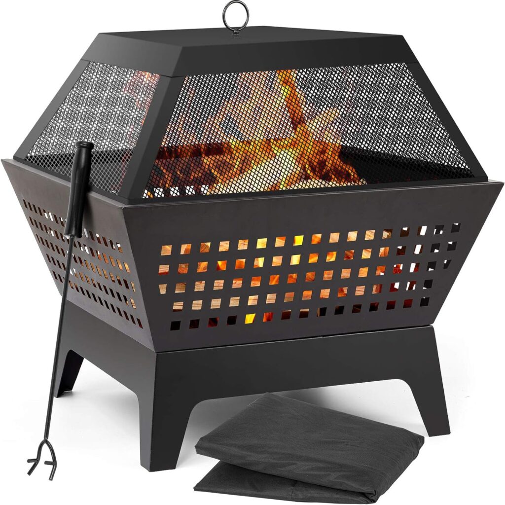 AMAGABELI GARDEN  HOME Fire Pit with Waterproof Cover Outdoor Wood Burning 24.4in Black