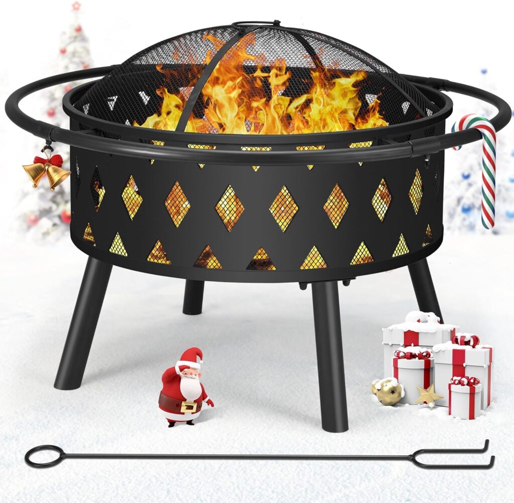 Antifir 36in Outdoor Wood Burning Fire Pit for Camping,BBQ,Picnic,Patio,Easy Handling Cast Iron Fire Pit with Mesh Lid,Heat Shield and Poker, Black.