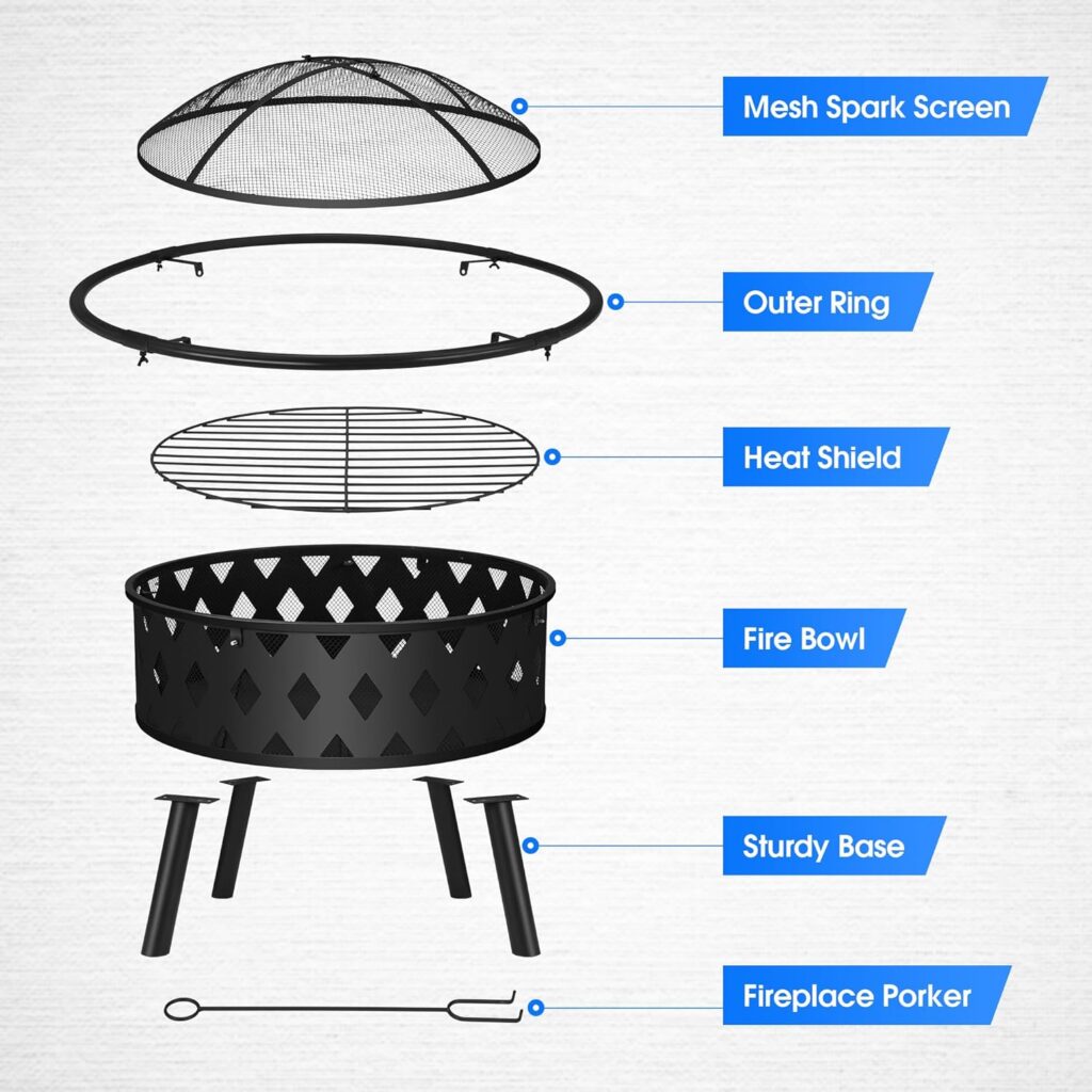 Antifir 36in Outdoor Wood Burning Fire Pit for Camping,BBQ,Picnic,Patio,Easy Handling Cast Iron Fire Pit with Mesh Lid,Heat Shield and Poker, Black.