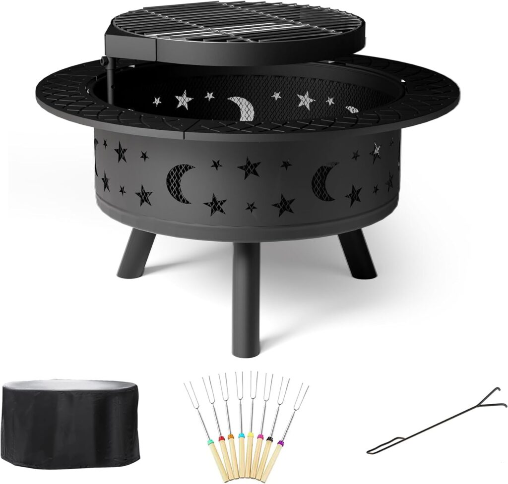 BOVONO 35IN Fire Pit, Wood Burning Firepits for Outside with Poker  Adjustable Grill, Metal Round Bonfire Fire Pit Perfect for Outdoor, Backyard  BBQ