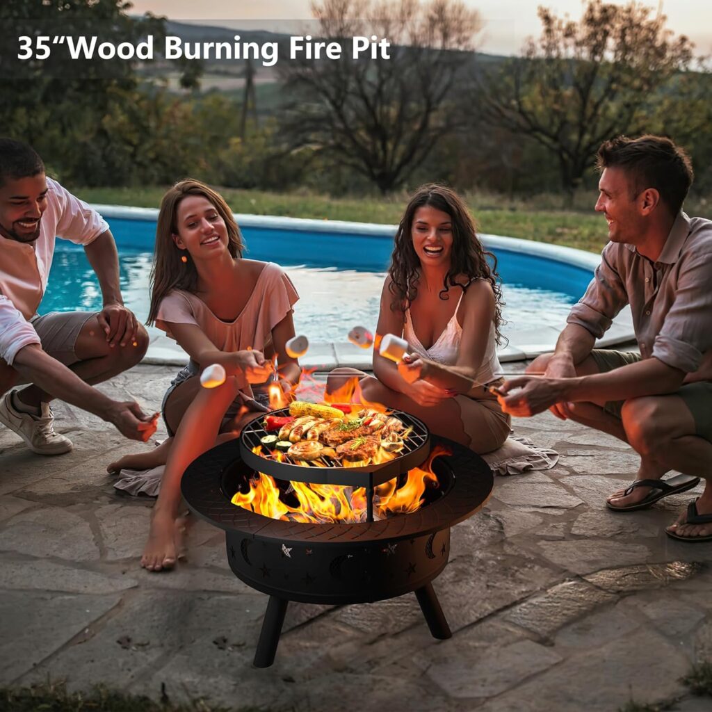 BOVONO 35IN Fire Pit, Wood Burning Firepits for Outside with Poker  Adjustable Grill, Metal Round Bonfire Fire Pit Perfect for Outdoor, Backyard  BBQ