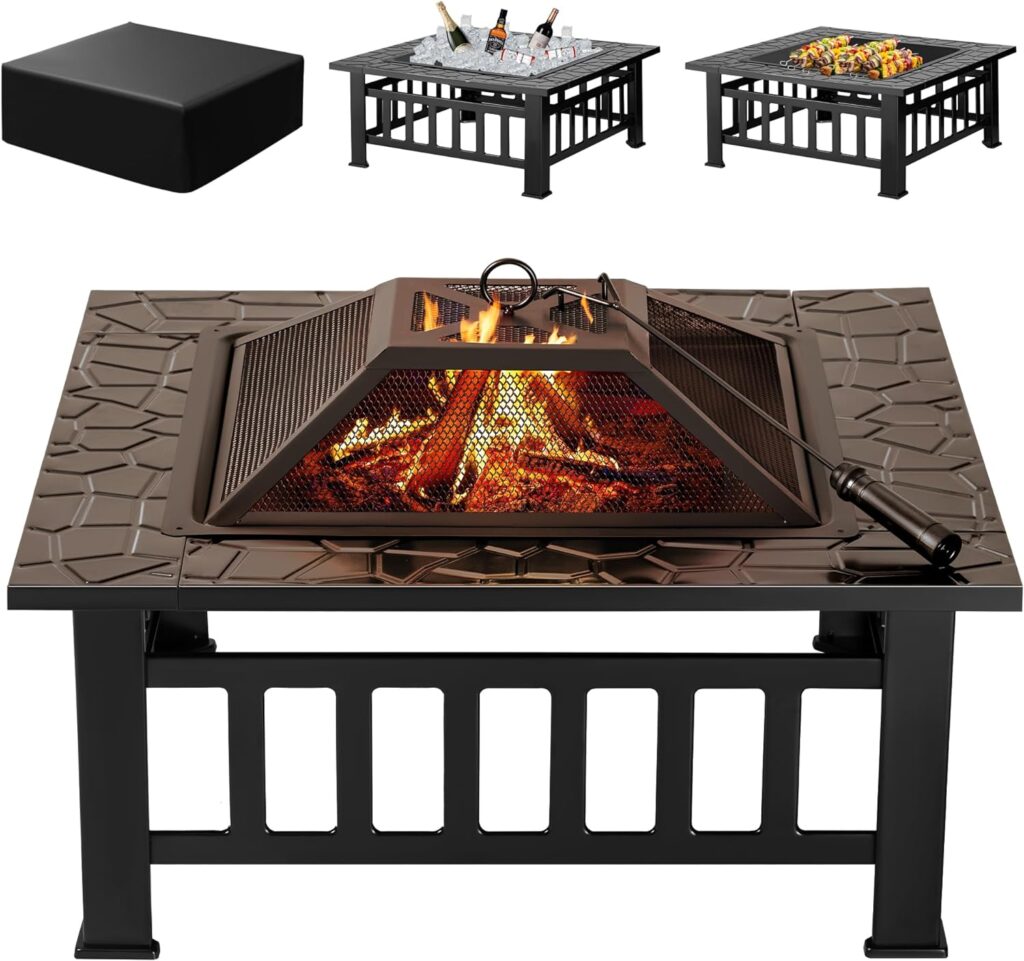 Devoko 32 inch Metal Outdoor Fire Pit Table Multiuse Square Patio BBQ Firepit with Spark Screen Lid and Waterproof Cover for Camping, Outside Wood Burning and Picnic Black