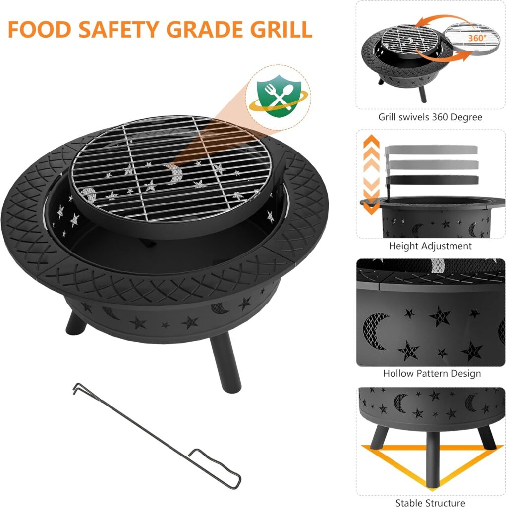 DOINUO 35 Inch Fire Pit, Outdoor Wood Burning Fire Pit with Grill Grate, Metal Round Fire Pit with Poker, Waterproof Round Cover and Roasting Stick for Backyard, Patio, Camping, Bonfire, Black