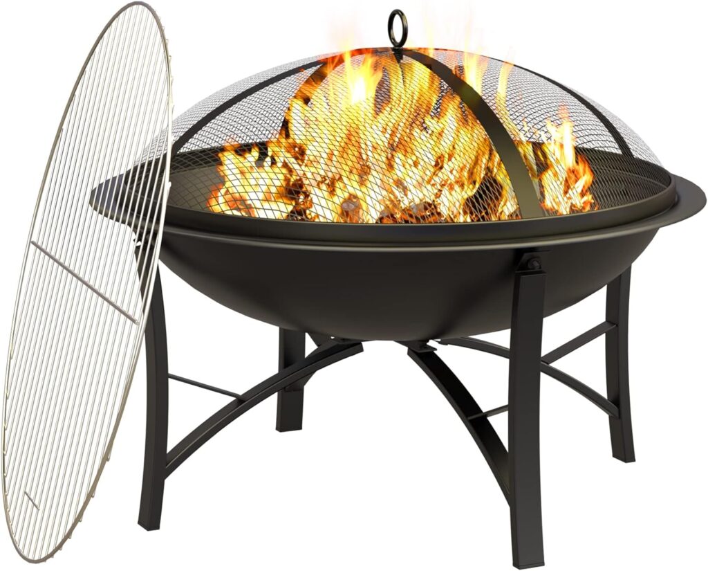 Fire Beauty Fire Pit for Outside Wood Burning Firepit BBQ Grill Steel Fire Bowl with Spark Screen Cover, Log Grate, Poker for Camping Beach Bonfire Picnic Backyard Garden