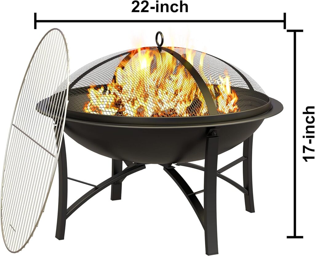 Fire Beauty Fire Pit for Outside Wood Burning Firepit BBQ Grill Steel Fire Bowl with Spark Screen Cover, Log Grate, Poker for Camping Beach Bonfire Picnic Backyard Garden