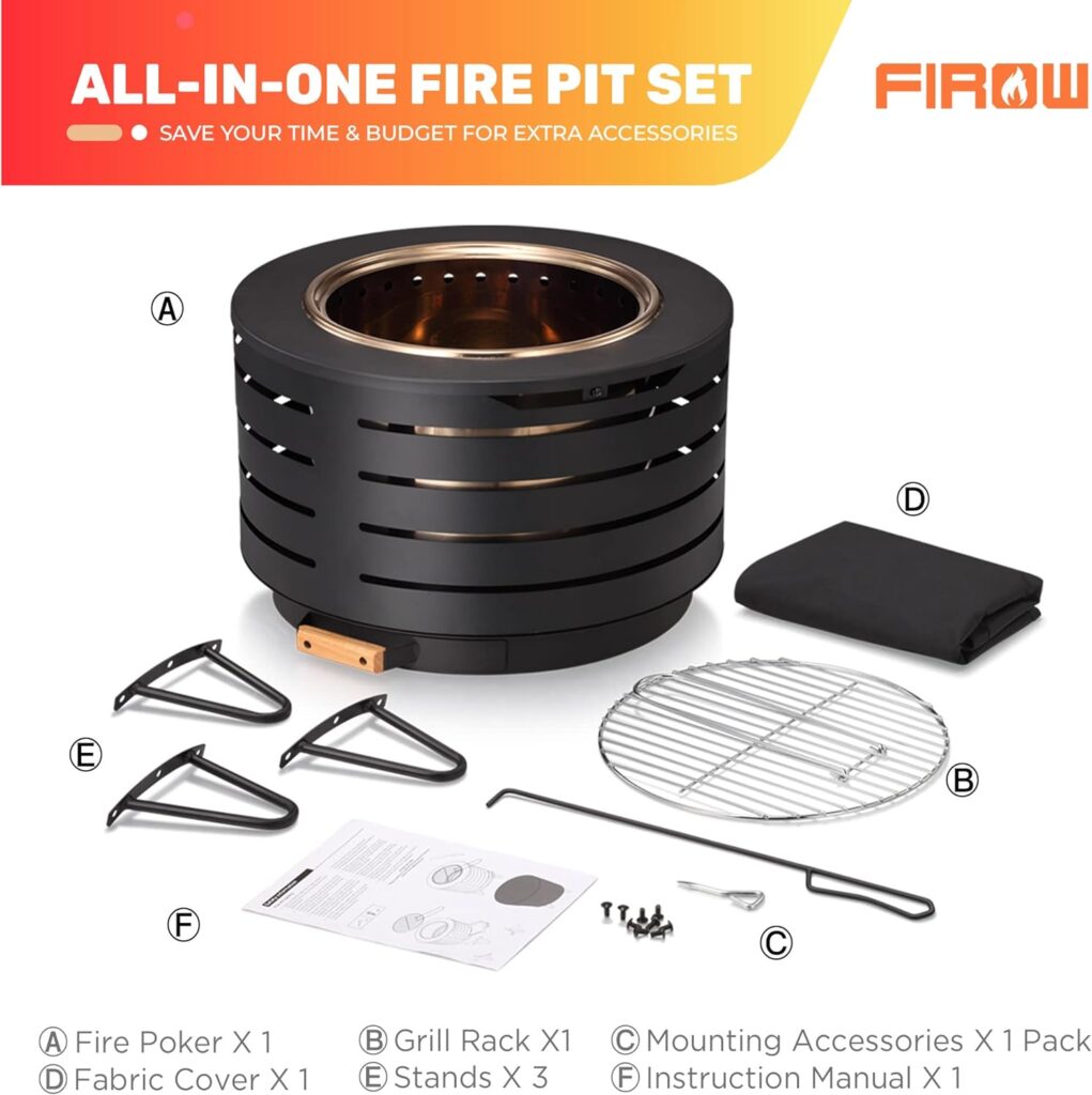 FIROW Smokeless Fire Pit, 23 Inch Fire Pit for Outside with Removable Ash Pan, Outdoor Firepit Ideal for Camping,Bonfire and Backyard, Include Fire Poker, Firepit Cover and Grill Rack