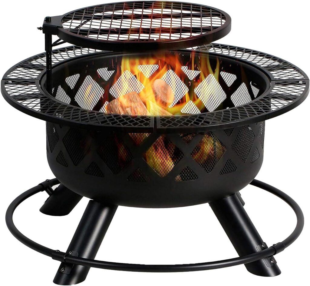 Four Seasons Courtyard Wood Burning Outdoor Fire Pit 24 Inch Backyard Patio Fireplace with Removable 360 Degree Swivel Cooking Grill and Log Rack