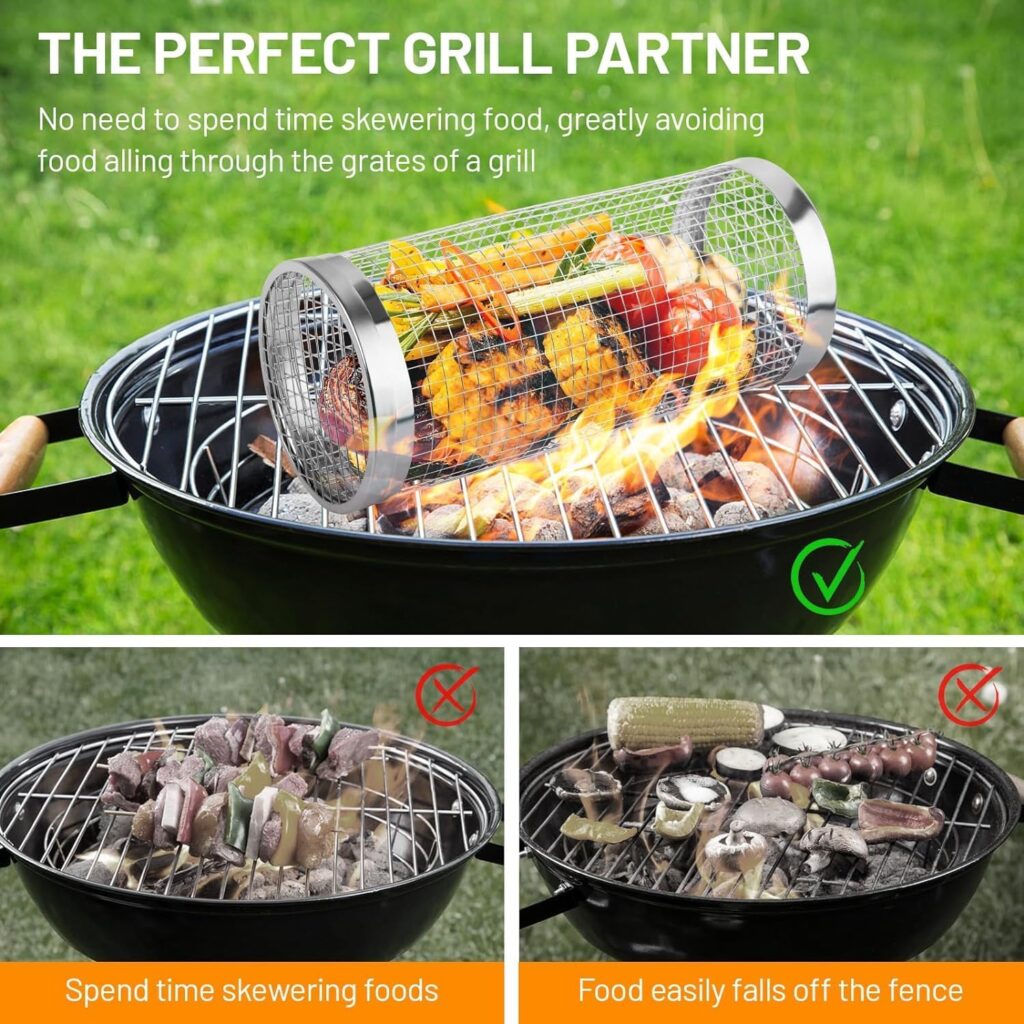 Grill Basket, Rolling Grilling Baskets for Outdoor Grilling, Grill Baskets for Outdoor Grill, Vegetables Grill Baskets, Round Stainless Steel BBQ Grill Basket Veggies Fish, Barbeque Grill Accessories (L: 30 x 10 x 10cm)