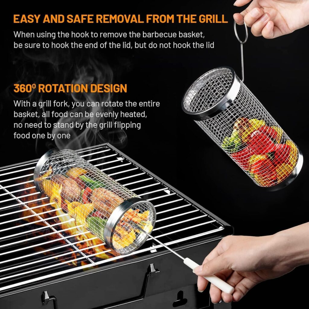 Grill Basket, Rolling Grilling Baskets for Outdoor Grilling, Grill Baskets for Outdoor Grill, Vegetables Grill Baskets, Round Stainless Steel BBQ Grill Basket Veggies Fish, Barbeque Grill Accessories (L: 30 x 10 x 10cm)