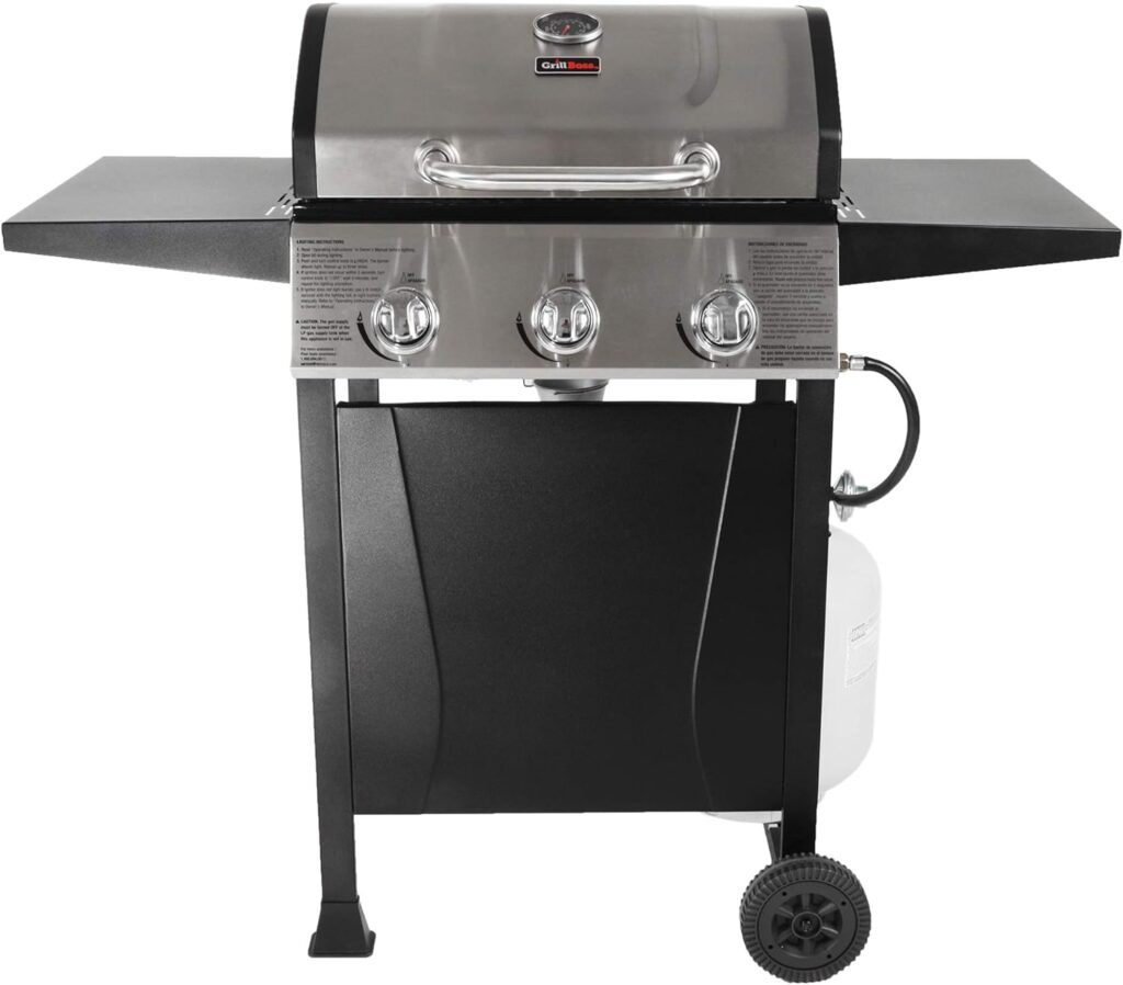 Grill Boss Outdoor Barbeque 3 Burner Propane Gas Grill for Barbecue Cooking with Top Cover Lid, Wheels, and Side Storage Shelves, Black