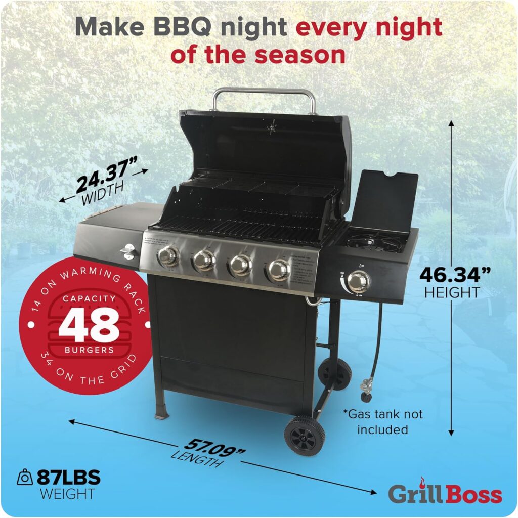 Grill Boss Outdoor Barbeque 3 Burner Propane Gas Grill for Barbecue Cooking with Top Cover Lid, Wheels, and Side Storage Shelves, Black