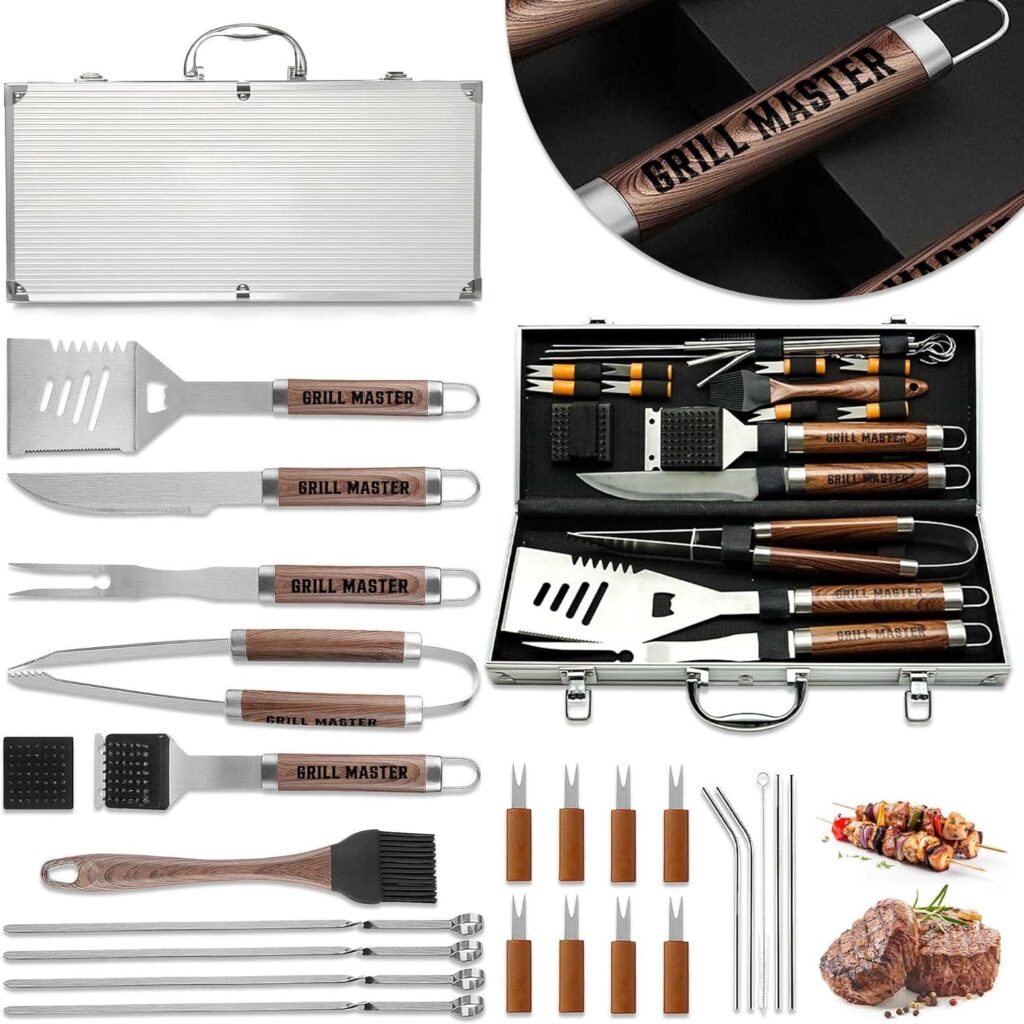 Macorner 25pcs Stainless Steel BBQ Grill Tool Set for Men - Grilling Accessories for Outdoor - Gift for Birthday Fathers Day Christmas for Dad, Grandpa, Papa - Barbeque Tool Kit with Aluminum Case