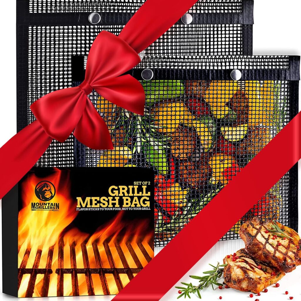 Mountain Grillers Set of 2 BBQ Mesh Grill Bags -(12.83 x 11.73-Inch) Reusable Grilling Pouches for Barbeque, Fish -Suitable for Charcoal, Electric Grills -Heat-Resistant  Non-Stick Bag for BBQ Lover