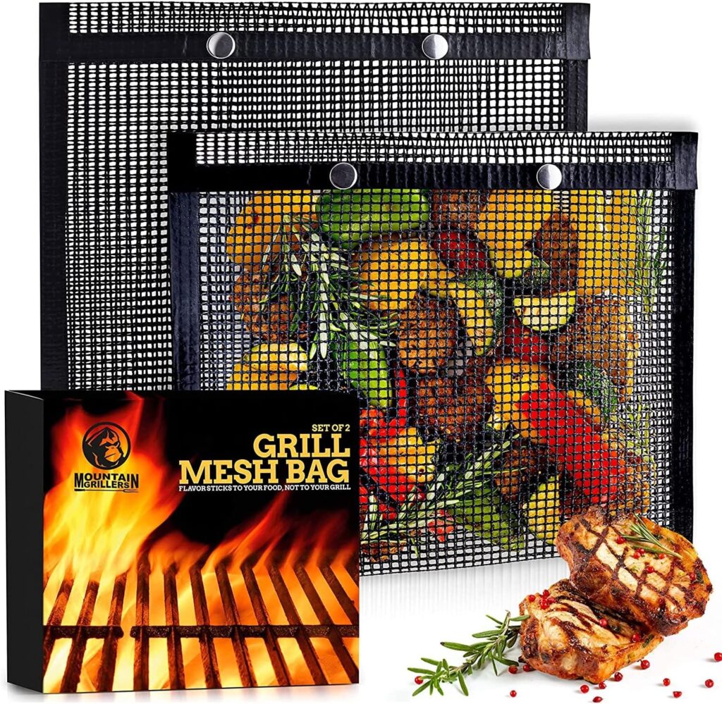 Mountain Grillers Set of 2 BBQ Mesh Grill Bags -(12.83 x 11.73-Inch) Reusable Grilling Pouches for Barbeque, Fish -Suitable for Charcoal, Electric Grills -Heat-Resistant  Non-Stick Bag for BBQ Lover