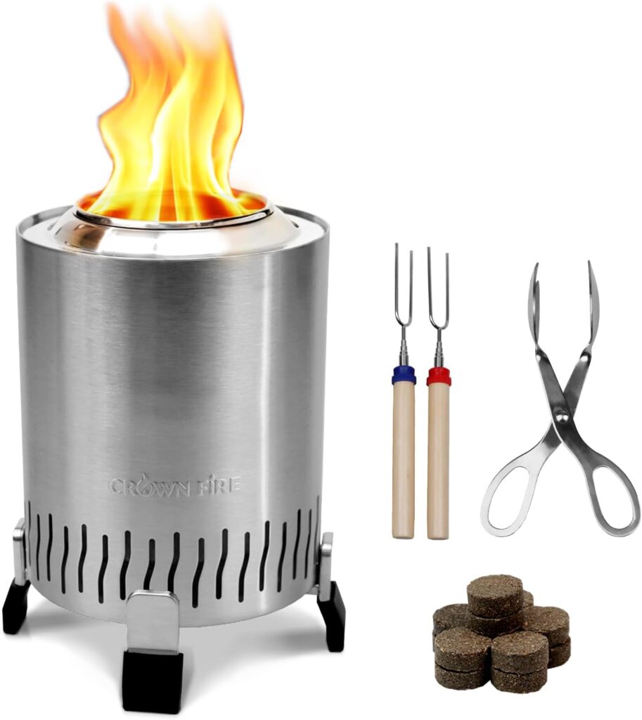 Outdoor Tabletop Fire Pit, Smokeless Mini Table Top Fire Stove for Patio Balcony Backyard, Includes Roasting Sticks, Travel Bag, Fire Starters, Tongs, Lid | Fueled by Pellets or Wood (Stainless Steel)