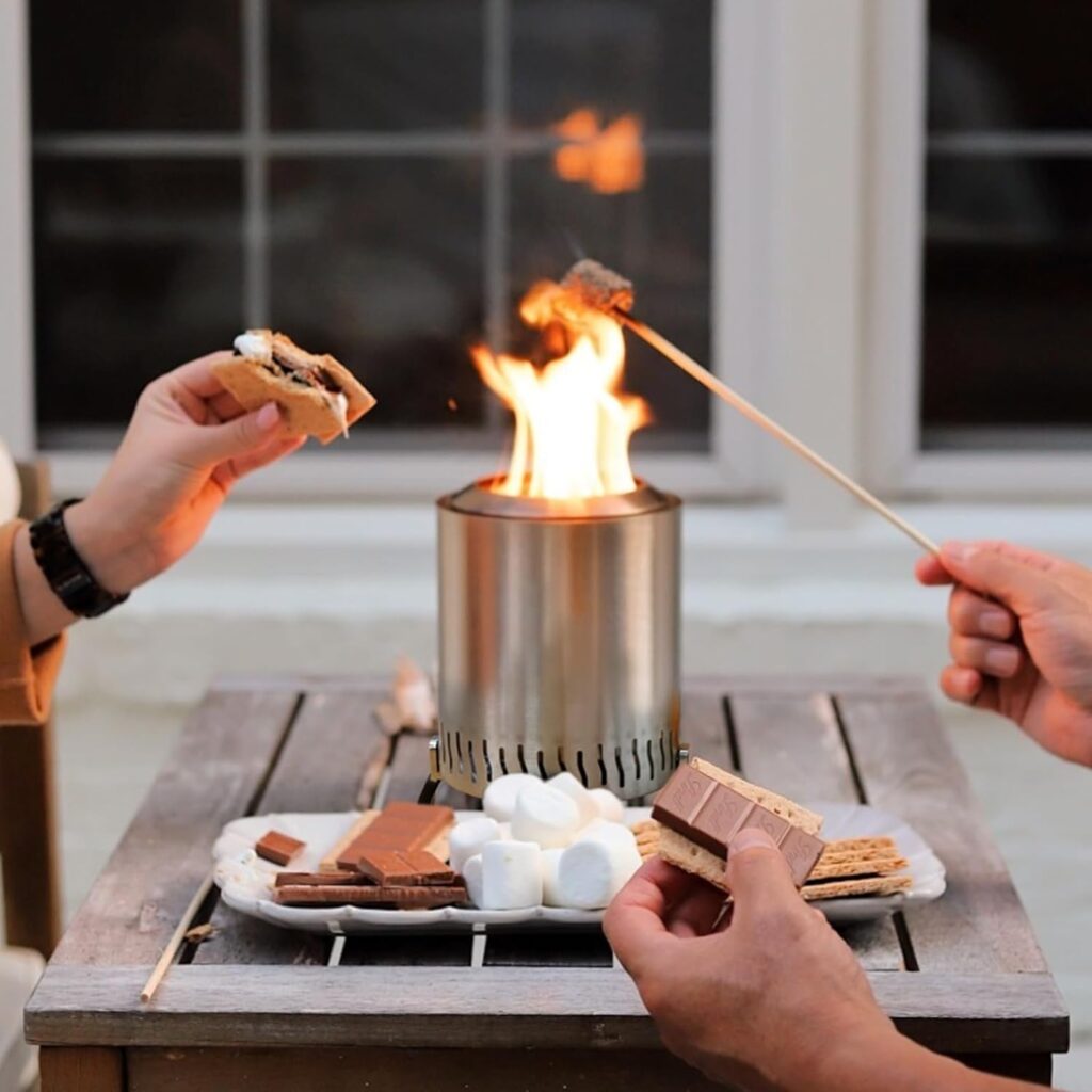 Outdoor Tabletop Fire Pit, Smokeless Mini Table Top Fire Stove for Patio Balcony Backyard, Includes Roasting Sticks, Travel Bag, Fire Starters, Tongs, Lid | Fueled by Pellets or Wood (Stainless Steel)