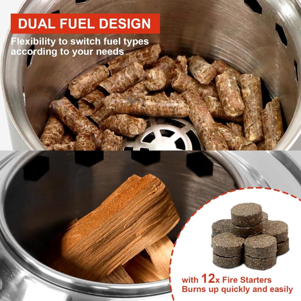 Outdoor Tabletop Fire Pit, Smokeless Mini Table Top Fire Stove for Patio Balcony Backyard, Includes Roasting Sticks, Travel Bag, Fire Starters, Tongs, Lid | Fueled by Pellets or Wood (Stainless Steel)