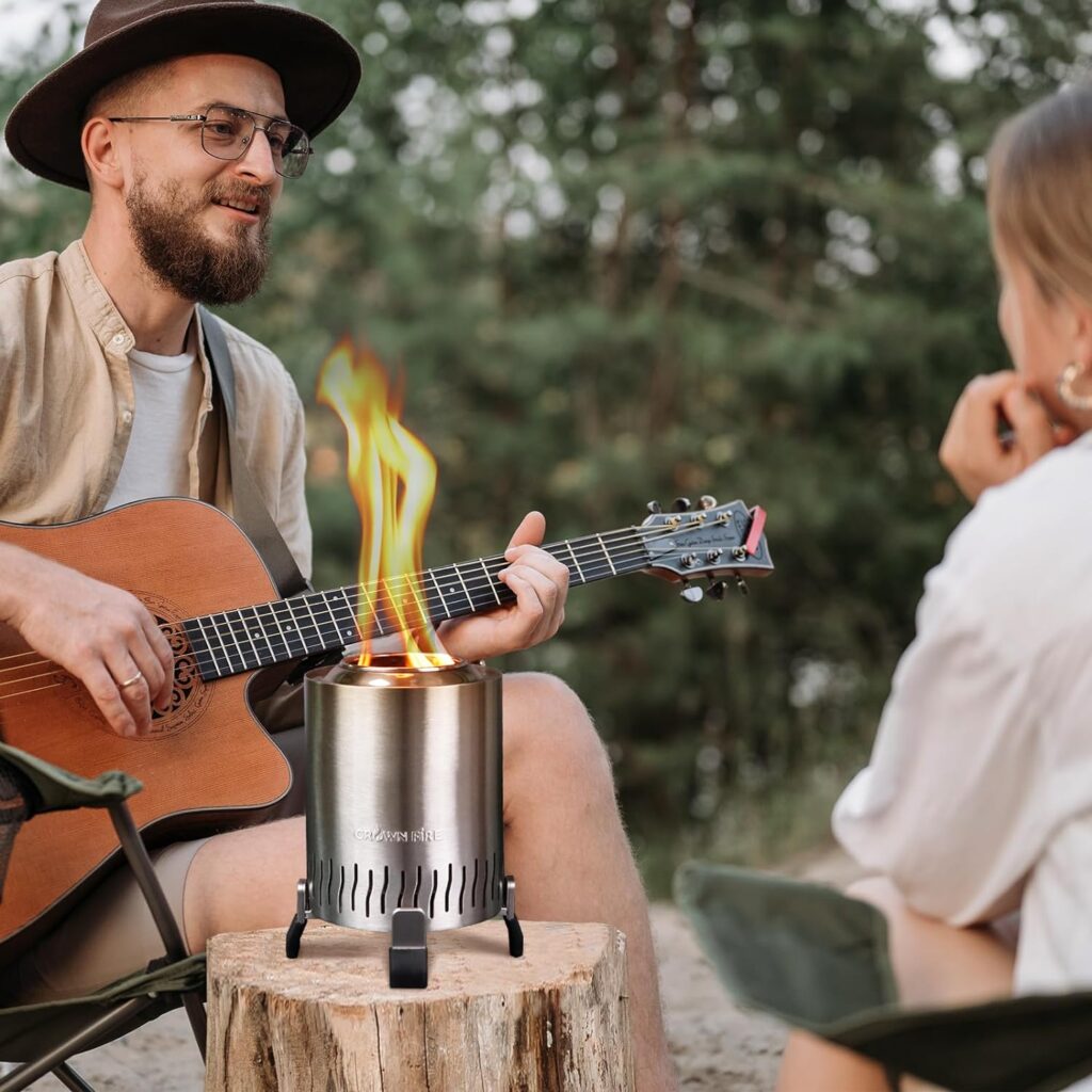 Outdoor Tabletop Fire Pit, Smokeless Mini Table Top Fire Stove for Patio Balcony Backyard, Includes Roasting Sticks, Travel Bag, Fire Starters, Tongs, Lid | Fueled by Pellets or Wood (Stainless Steel)