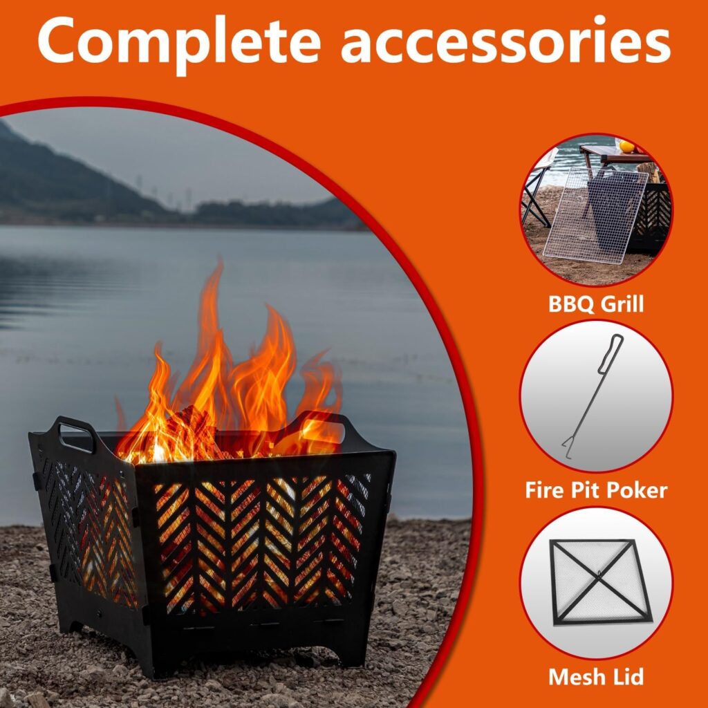 OutVue 20 inch Fire Pits for Outside with Grill  Storage Bag,Portable Fire Pit,Wood Burning Fire Pit with Poker  Spark Screen, Firepit for Outdoor, Patio, Yard, Garden, Camping