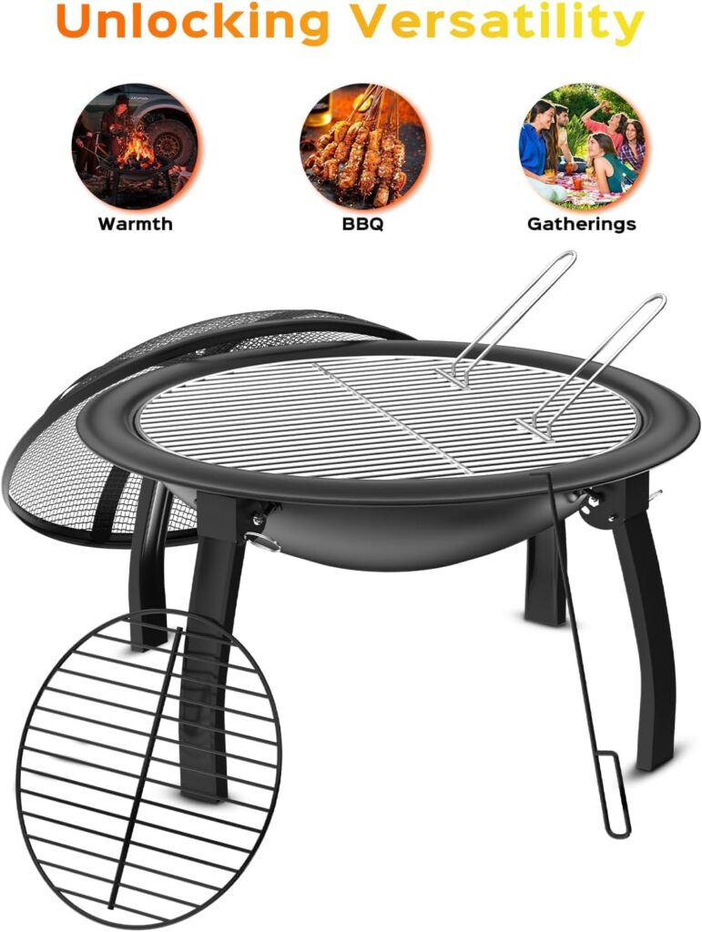 PROUS Outdoor Fire Pit, 22in Foldable Wood Burning Fire Pit, Portable Fire Pit for Camping with Carry Bag, Spark Screen  Poker, Pack Grill, Folding Legs for Camping, Picnic, Bonfire