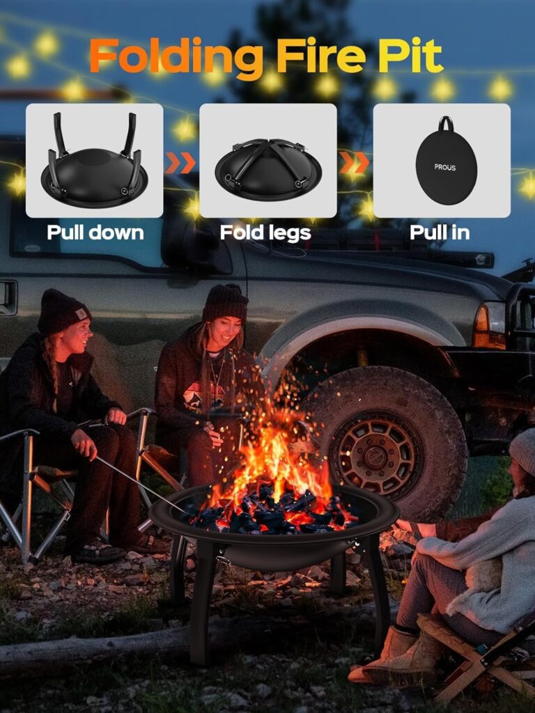 PROUS Outdoor Fire Pit, 22in Foldable Wood Burning Fire Pit, Portable Fire Pit for Camping with Carry Bag, Spark Screen  Poker, Pack Grill, Folding Legs for Camping, Picnic, Bonfire