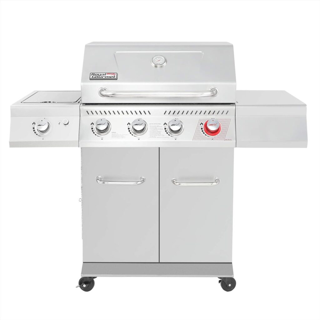 Royal Gourmet GA4402S Stainless Steel 4-Burner BBQ Propane Gas Grill, 54000 BTU Cabinet Style Gas Grill with Sear Burner and Side Burner, Perfect for Patio Garden Picnic Backyard Party, Silver