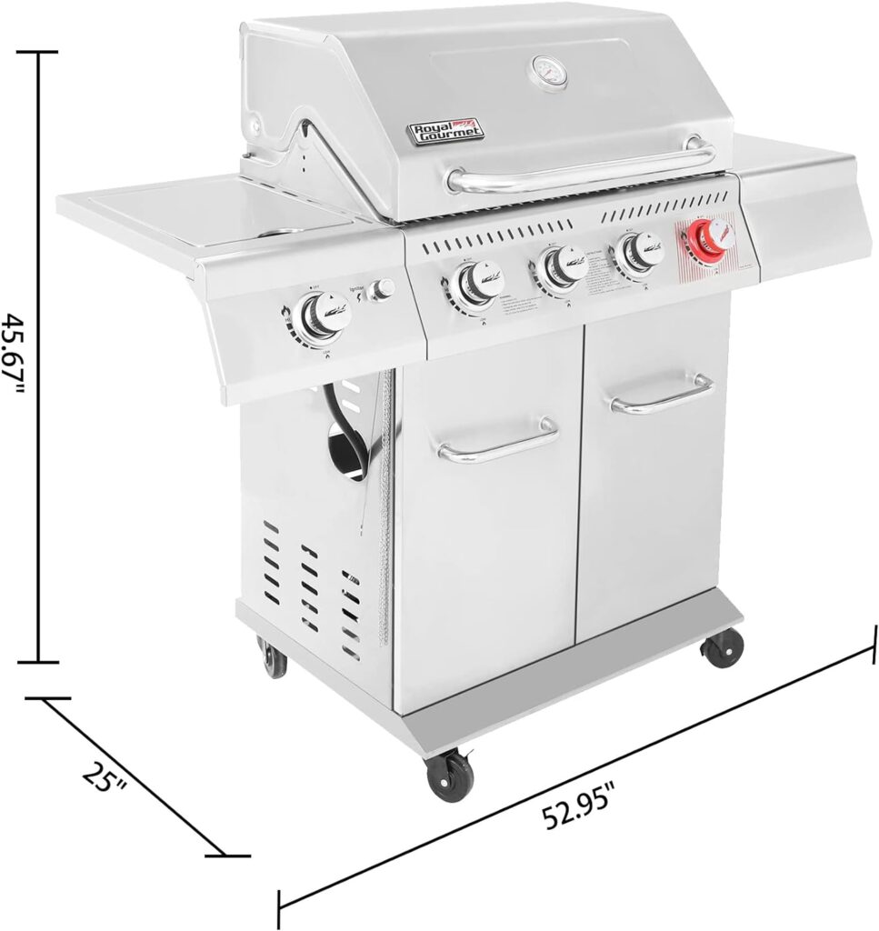 Royal Gourmet GA4402S Stainless Steel 4-Burner BBQ Propane Gas Grill, 54000 BTU Cabinet Style Gas Grill with Sear Burner and Side Burner, Perfect for Patio Garden Picnic Backyard Party, Silver