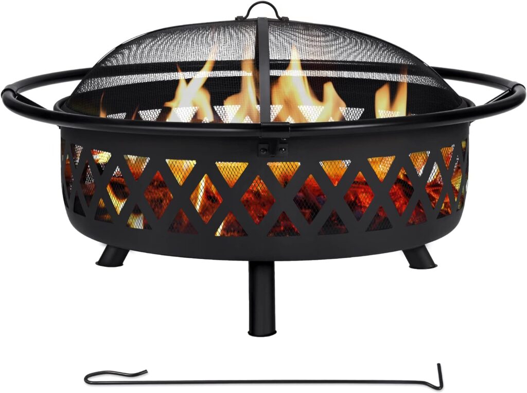 SUNCREAT 42” Patio Fire Pit Wood Burning with Mesh Spark Screen, Bonfire Outdoor firepit with Fireplace Poker, Black