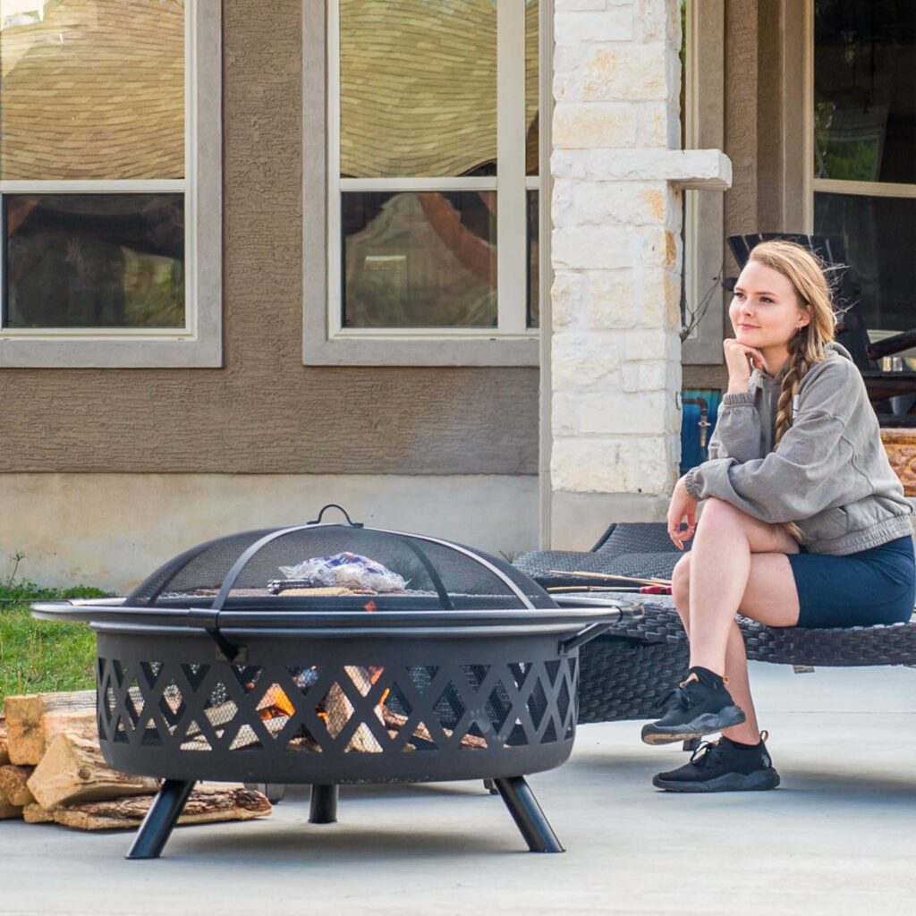 SUNCREAT 42” Patio Fire Pit Wood Burning with Mesh Spark Screen, Bonfire Outdoor firepit with Fireplace Poker, Black