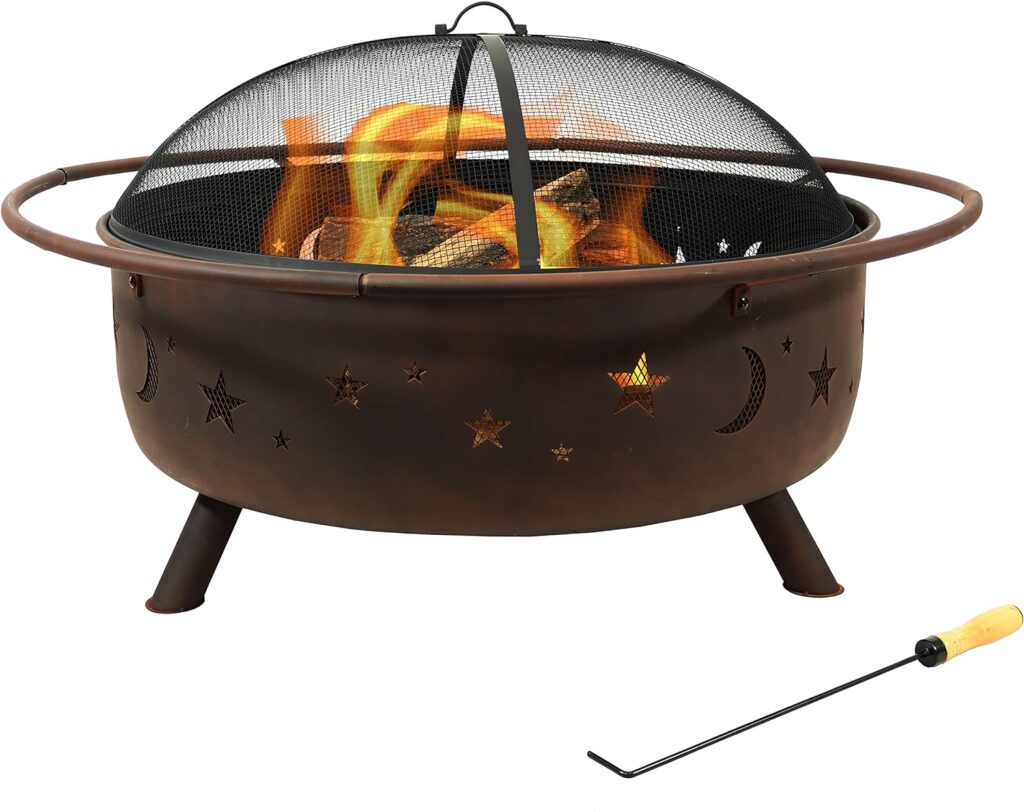 Sunnydaze Cosmic 42-Inch Wood-Burning Steel Fire Pit with Round Spark Screen, Poker, and Built-in Grate - Rust Patina