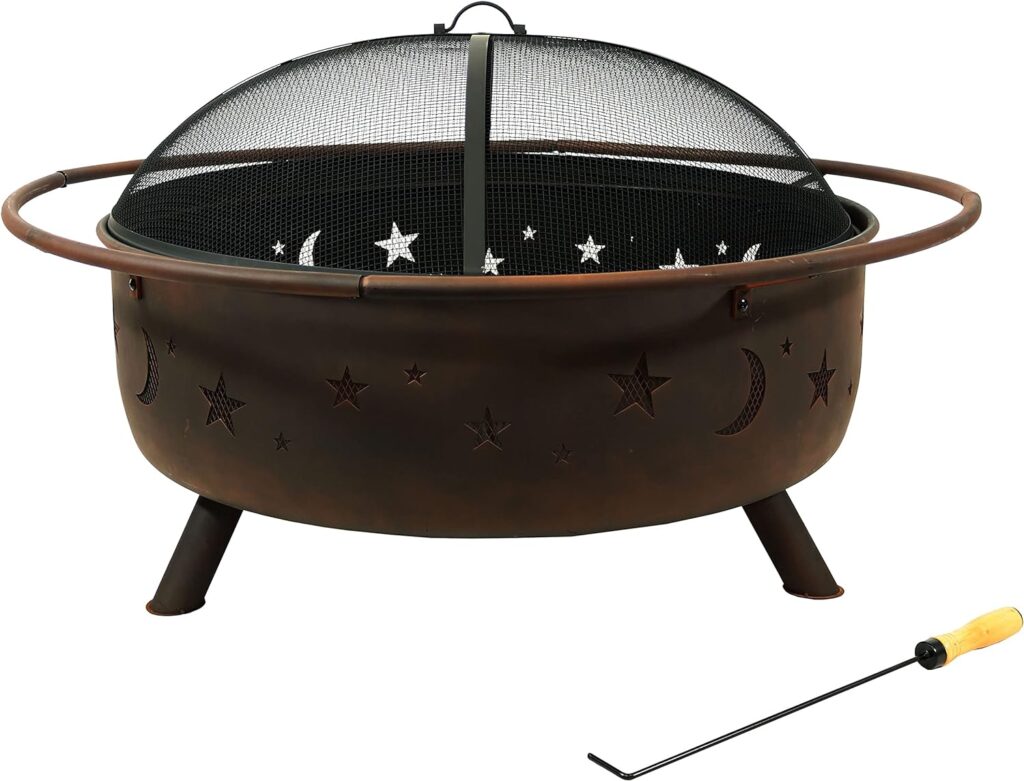 Sunnydaze Cosmic 42-Inch Wood-Burning Steel Fire Pit with Round Spark Screen, Poker, and Built-in Grate - Rust Patina