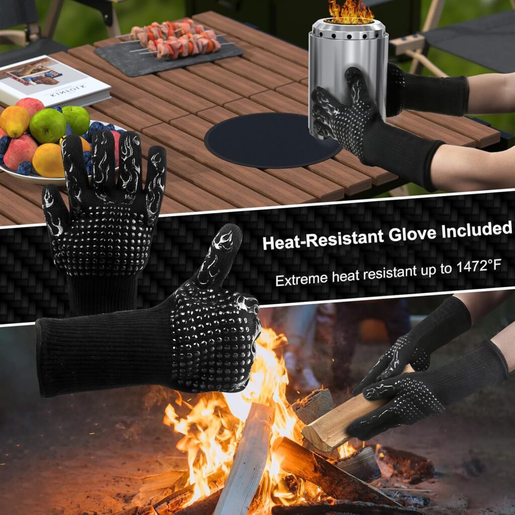 Tabletop Fire Pit with Heat Resistant Glove, Tabletop Solo Fire Pit Low Smoke for Indoor and Outdoor, Fueled by Pellets or Wood, Stainless Steel Stove with Fire Mat, Heat Resistant Glove, Travel Bag