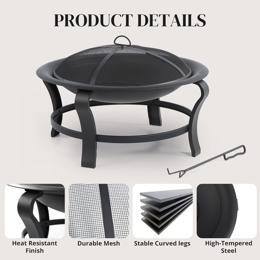 Wonder Comfort 30 Inch Elevated Round Steel Fire Pit, Wood Burning Steel FirePit with Screen/Cover/Log Poker/Ring Handles for Outdoor and Patio