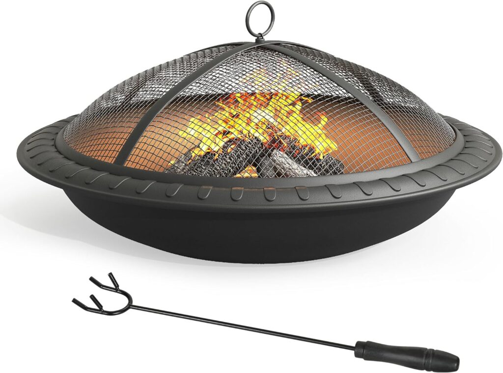 YITAHOME 24in Steel Replacement Fire Bowl with Round Spark Screen, Poker and Detachable Grate, Wood Burning Fire Pit Bowl for DIY or Existing Outdoor Patio Fire Pit