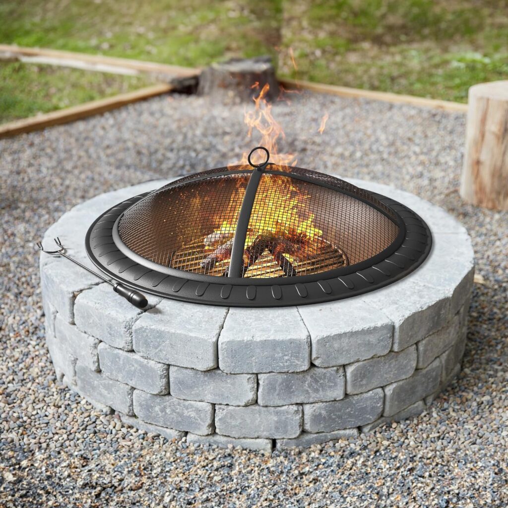 YITAHOME 24in Steel Replacement Fire Bowl with Round Spark Screen, Poker and Detachable Grate, Wood Burning Fire Pit Bowl for DIY or Existing Outdoor Patio Fire Pit